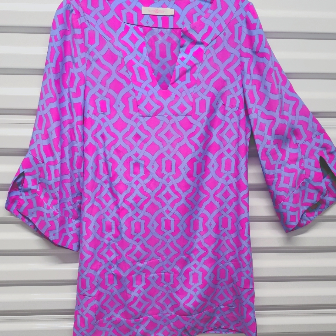 Alice & Trixie New Pink Purple 100%Silk Bell Sleeve Shift Dress Sz Small